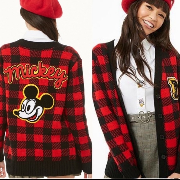 Disney Sweaters - Forever 21 Mickey Mouse Disney Plaid Cardigan 90th Anniversary